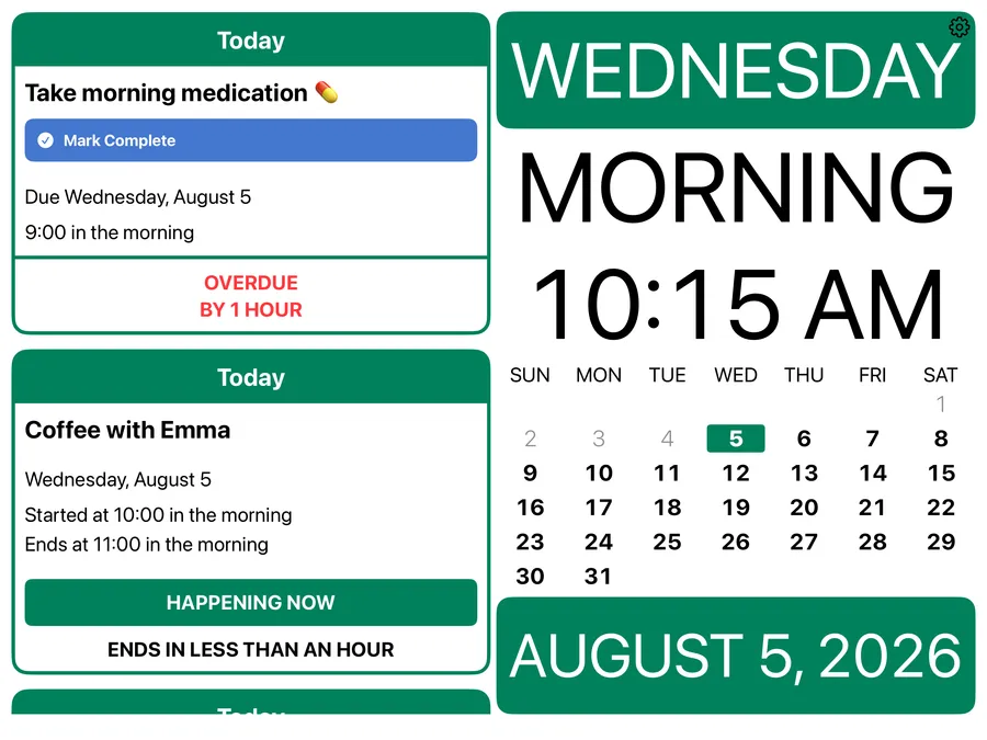 Calendar layout: today's events beside a full month calendar