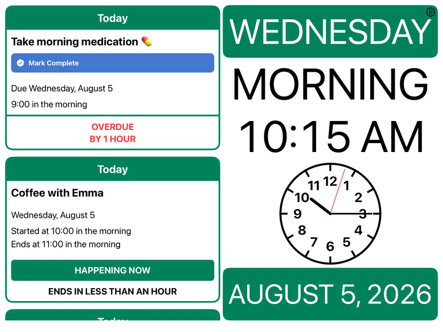 The clock view: today's events beside large digital and analog clocks