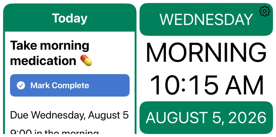 RemindMe! on iPhone held sideways: today's events beside the clock