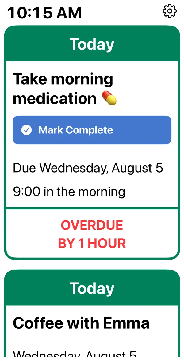 RemindMe! on iPhone held upright: the day's events and a medication reminder below the time