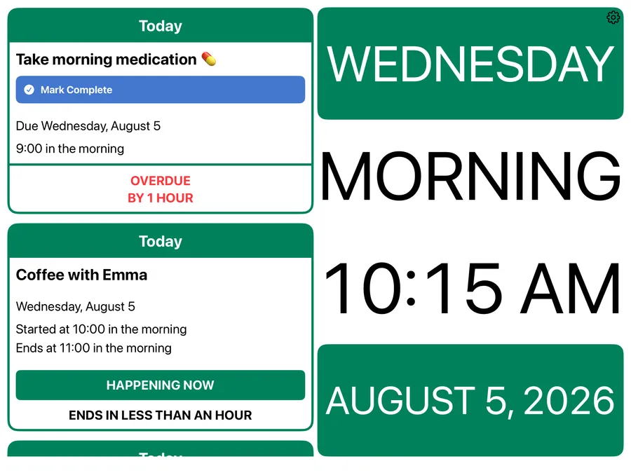 The free view: a single list of today's events beside a large digital clock