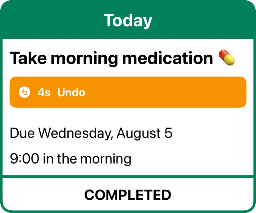 The same reminder card just after being checked off, showing the undo button counting down