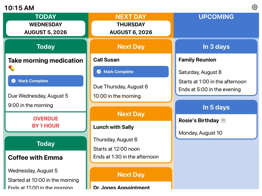 Three-column layout: Today, Next Day, and Upcoming side by side