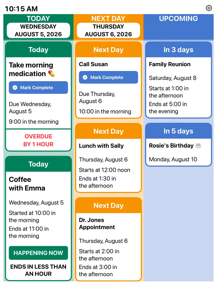 RemindMe! three-column view with separate columns for Today, Next Day, and Upcoming events