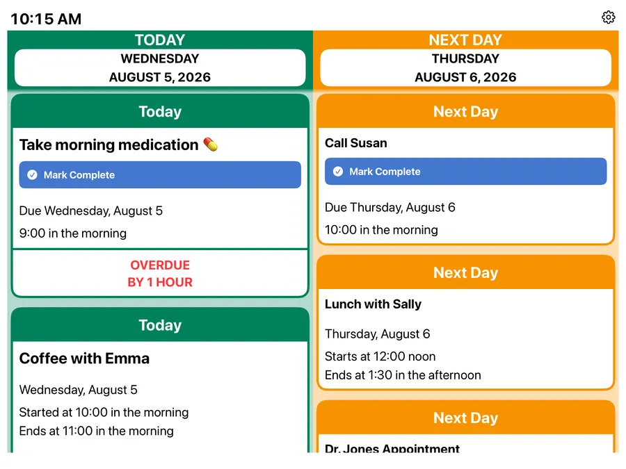Two-column layout: Today and Next Day side by side