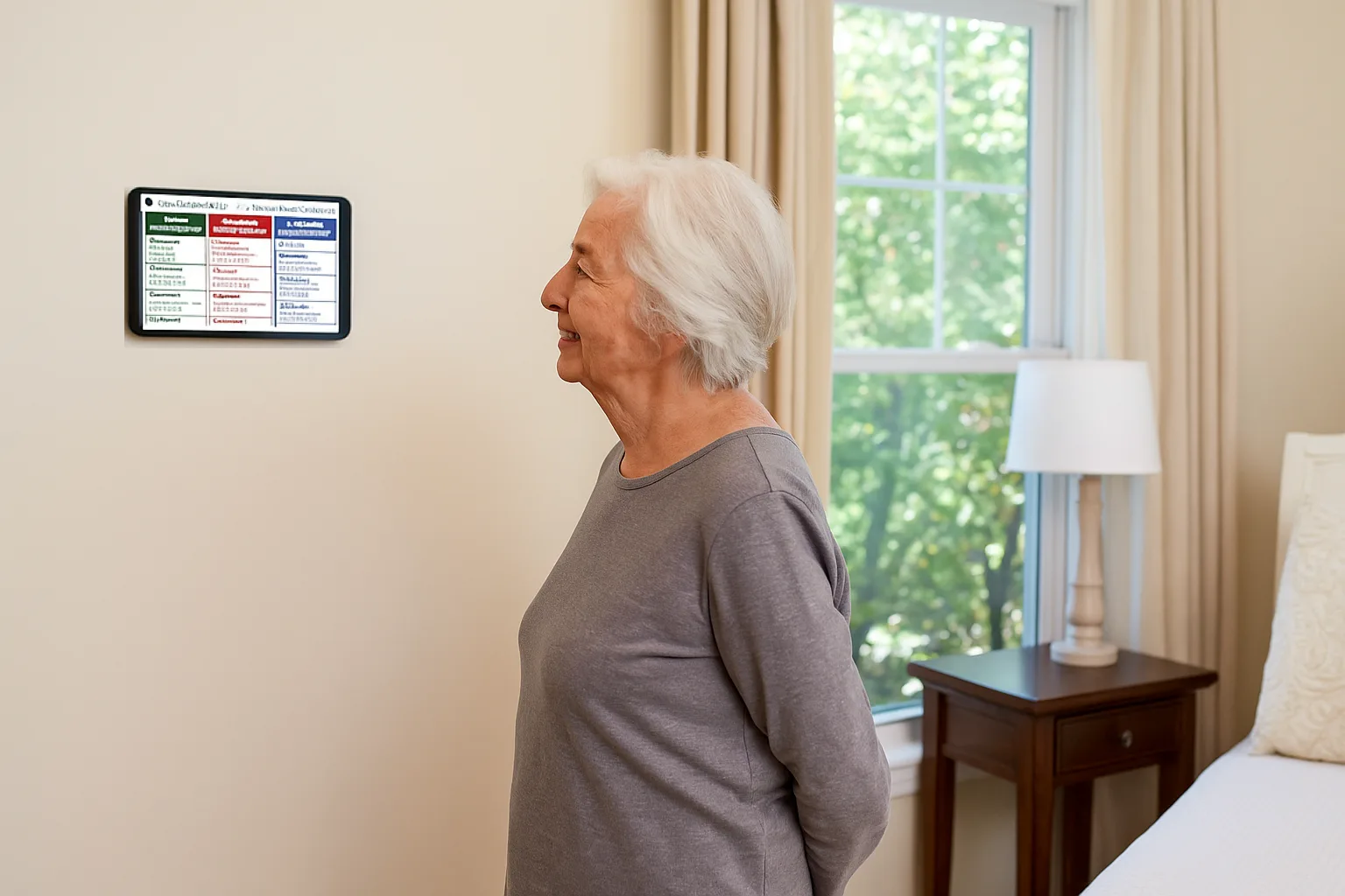 Senior living resident checking the day's schedule on a MindUp room tablet