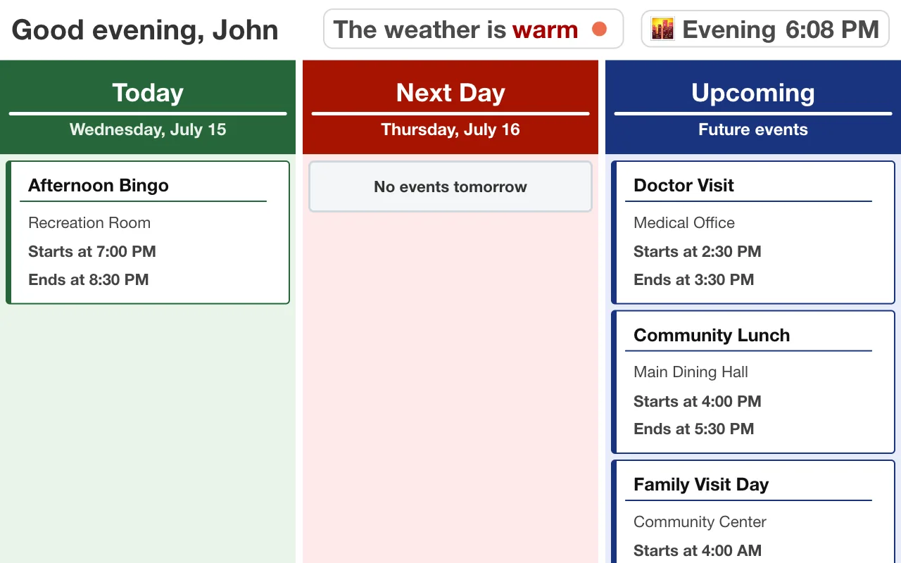 MindUp room tablet greeting a resident by name and showing today's events, tomorrow, and upcoming appointments